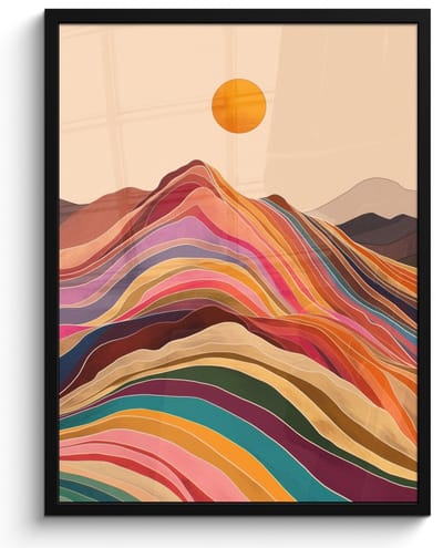 Poster in lijst - Fotolijst 60x80 cm - Posters - Zon - Kleurrijk landschap - Bergen - Posterlijst zwart - Decoratie - Wanddecoratie woonkamer - Muurdecoratie slaapkamer