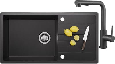 CECIPA MAX Granieten Spoelbak 86x45CM - Spoelbakken Keuken Met Keukenkraan Met Uittrekbare Uitloop - Spoelbak Met Planchet en Afdruiprek - Spoelbakken Incl. Sifon en Afvoerzeefje - Zwart
