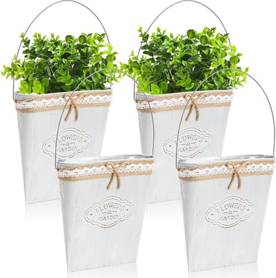 4 stuks gegalvaniseerde muur plantenbak rustieke metalen kunstbloem tas vaas emmer met handvat boerderij muur hangende plantenbak voor planten bloemen thuis slaapkamer woondecoratie