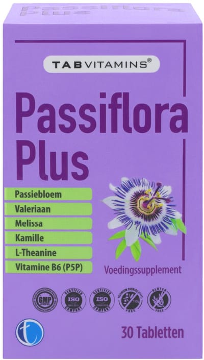 TAB Vitamins Passiflora Plus – Passiflora, Valeriaan, Meidoornbloesem & Melisse Extract met Vitamine B6 (P5P) & L-Theanine - 30 Tabletten
