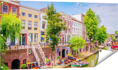 Gards Tuinposter Huisjes aan de Oudegracht in Utrecht - 120x60 cm - Tuindoek - Tuindecoratie - Wanddecoratie buiten - Tuinschilderij