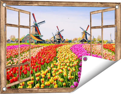 Gards Tuinposter Doorkijk Kleurrijke Tulpen Bloemenveld - Windmolen - 60x40 cm - Tuindoek - Tuindecoratie - Wanddecoratie buiten - Tuinschilderij