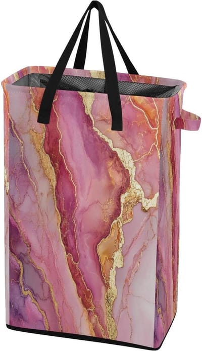 Wasbak met handvat - Kledingmand opbergmand - Was sorteren - Vrijstaande constructie - 48L capaciteit - Marmer Rose Goud
