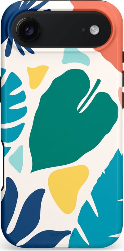 Casetastic hoesje geschikt voor Apple iPhone Air - MagSafe - Dubbellaagse bescherming - Moderne Kunstbladeren - Fashion Case - Petrol Wit Koraal Lichtgrijs