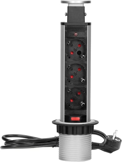 Orno Lift-up Stekkerdoos - Verdeelstekker 3 stopcontacten - Inbouw Stekkerblok met 1.8 meter kabel - Zilver