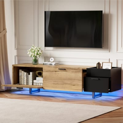 Sweiko Tv-kast - LED-verlichting - 2 lades - Opbergruimte - Houtnerf - Zwart + Natuurlijke