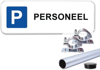 Parkeerbord Personeel - Weerbestendig Aluminium - 40x15 cm - Bevestiging: Met paal 120 cm + paalbeugels + paaldop