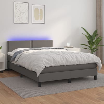 vidaXL - Boxspring - met - matras - en - LED - kunstleer - grijs - 140x190 - cm