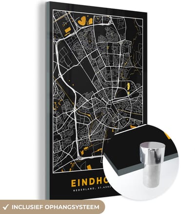 MuchoWow® Glasschilderij 40x60 cm - Schilderij acrylglas - Plattegrond - Eindhoven - Goud - Zwart - Foto op glas - Schilderijen - Stadskaart