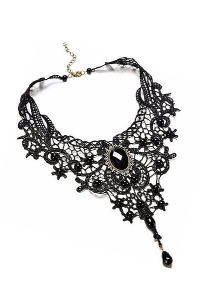 KIMU® Ketting Kant Zwart Steen - Steampunk Zwarte Kanten Collar Roaring Twenties Blinders Vintage Lace Great Gatsby Charleston Brocante Jugendstil Art Deco Victoriaans Choker Sexy Antieke Gothic Festival