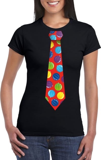 Foute Kerst t-shirt stropdas met kerstballen print zwart voor dames S