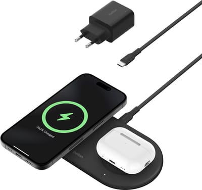 Belkin 2-in-1 Magnetic Wireless Charging Pad met Qi2 15W – Inclusief 30W lader - Magsafe compatibel