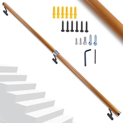 Houten Leuning - Trapleuning Wandmontage - Veilige Ondersteuning - Corrosiebestendig Aluminium - 6.5 Ft Lengte - Houtkleurig
