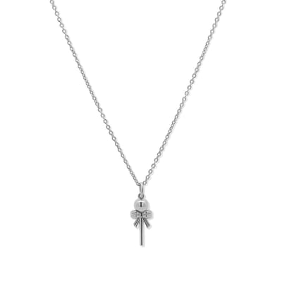 New Bling 9LA-20018 Zilveren Ketting met Hangertje - Rammelaar - Strikje - 14,5x7mm - 39+3+4cm - Rhodium - Zilver