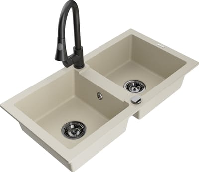 Mexen Mario granieten gootsteen 2-kamer met keukenmengkraan Elia, beige - 6504-69-670101-70
