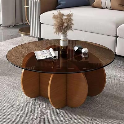 Ronde Salontafel - Glazen Tafel - Woonkamer Decoratie - Gehard Glas Blad - 80cm Diameter - Donkerbruin
