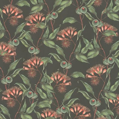 Bloemen behang Profhome 394301-GU vliesbehang hardvinyl warmdruk in reliëf licht gestructureerd met bloemmotief mat zwart groen rood 5,33 m2