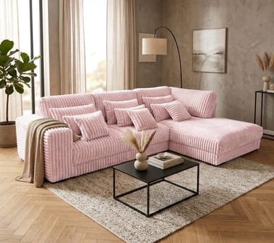 hoekbank mana- lounge rechts- ultra dikke ribstof pink- hoeksalon roze