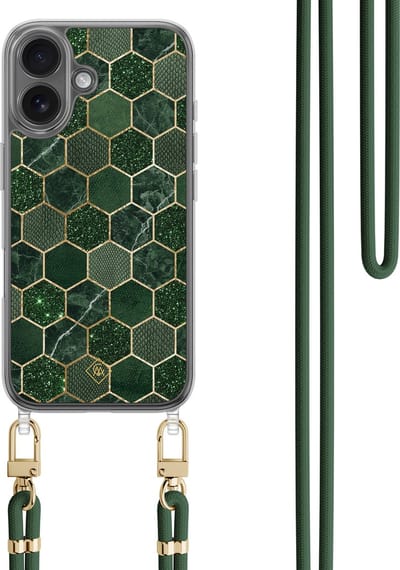 Casimoda® hoesje met koord - Geschikt voor iPhone 16 - Kubus Groen - Afneembaar koord - TPU/polycarbonaat - Groen