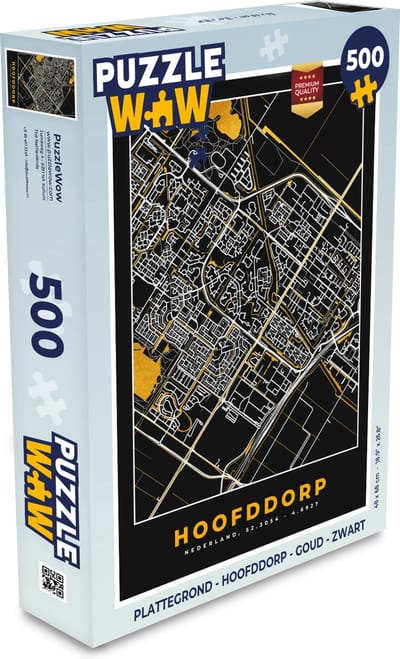 Puzzel Plattegrond - Hoofddorp - Goud - Zwart - Legpuzzel - Puzzel 500 stukjes - Stadskaart