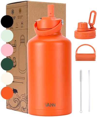 VANN® 3-Wandige RVS Waterfles 2 Liter met rietje voor volwassenen – Met 5 accessoires – thermoskan 2 liter – 24 uur koud/12 uur warm – Oranje – Cadeau voor man en vrouw – VANN ULTIMATE BOTTLE®