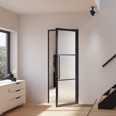 Schulte complete glazen binnendeur- 90x201 - atelier - mat zwart - mat glas -3 vakken - tirant droit