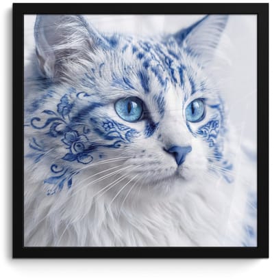 Poster in lijst - Fotolijst 40x40 cm - Posters - Kat - Patroon - Blauw - Posterlijst zwart - Decoratie - Wanddecoratie woonkamer - Muurdecoratie slaapkamer