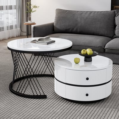 Tweedelige set - koffietafelset - nestbaar ontwerp - 60x60x46 cm en 50x50x30,8 cm - rond - tafelblad met marmerlook - met 2 laden - zwart