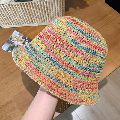 Nieuwe Zomer Grote Rand Kleurrijk Gestreept Strooien Emmerhoed Dames Vakantie Opvouwbare Zonneklep Ademende Zonneklep Petten 56-58cm beige