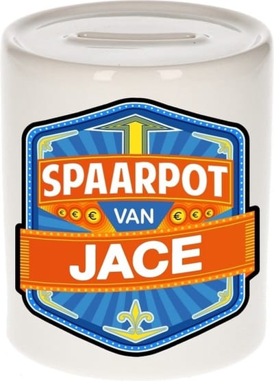 Bellatio Decorations Kinder spaarpot met naam - Jace - keramiek - met dop - wit - Sparen - Spaargeld van Jace