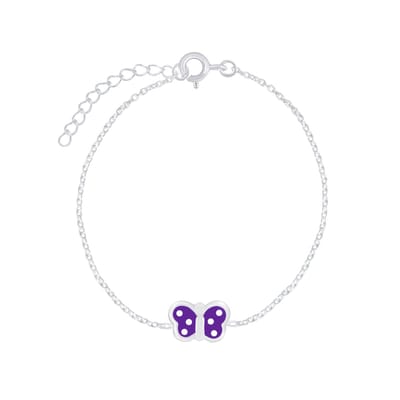 Joy|S - Zilveren vlinder armband - 14 cm + 3 cm - paars met witte stippen - voor kinderen