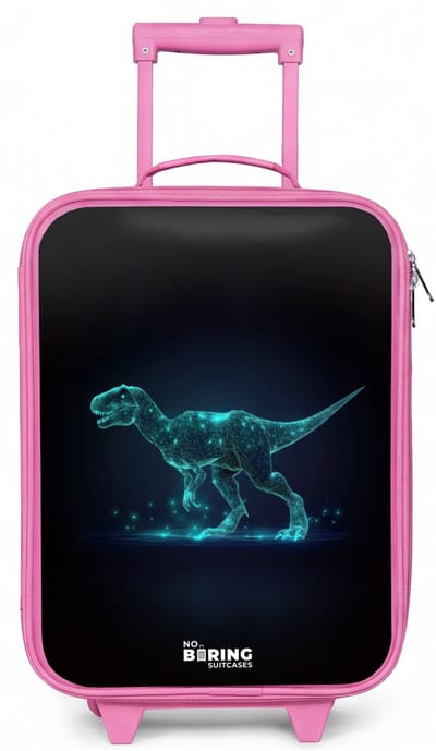 NoBoringSuitcases.com® - Kinderkoffer roze - Kindertrolley meisje - Digitale T-Rex in blauw lichtveld - Koffer kind lichtgewicht - Reiskoffer trolley voor kinderen - Koffertje met lichtgevende wieltjes - Rolkoffer