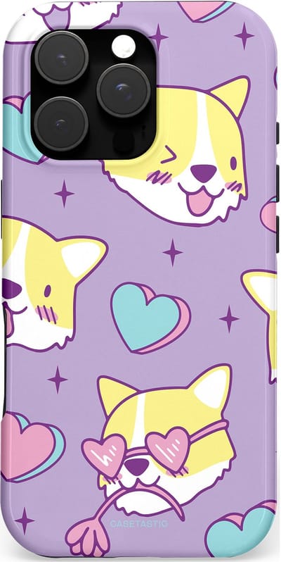 Casetastic hoesje geschikt voor Apple iPhone 16 Pro - MagSafe - Dubbellaagse bescherming - Liefde is een Corgi - Fashion Case - Lila Goud Wit Beige