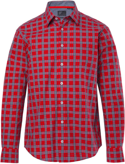JP 1880 - Heren - Ruitenshirt lange mouwen kentkraag Modern Fit - Rood - Maat 3XL