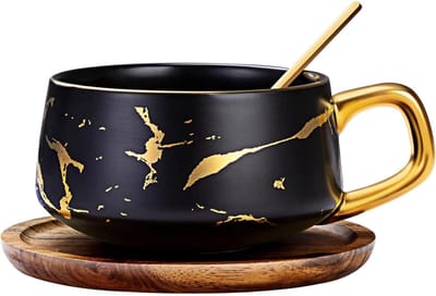 longziming -Ceramic Cappuccino Cups - Cappuccino Cups - Melkschuim Behoudend Design - Bleivrije Keramiek - Matte Afwerking Met Gouden Marmerstructuur - Ideaal Voor Warme Dranken - 1 Stuks - Zwart