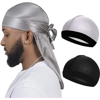 3 STUKS/LOT Lange Zijdeachtige Durag Lange Staart Zijdeachtige Sjaal Moslim Doo Rag Piratenhoed Durag Chemo Tulband Pullover Muts Haarband Bandana's One Size gray
