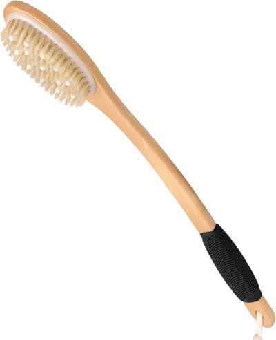 Houten Badborstel met Gebogen Handvat - Antislip Exfoliërende Doucheborstel voor Lichaamsverzorging