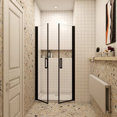 Douchedeur dubbele pendeldeur 80x200cm niche 8mm gehard glass easyclean mat zwart aluminium profiel