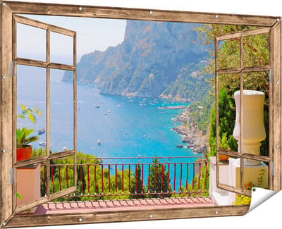 Gards Tuinposter Doorkijk Vergezicht vanaf het Terras op Bergen - 180x120 cm - Tuindoek - Tuindecoratie - Wanddecoratie buiten - Tuinschilderij