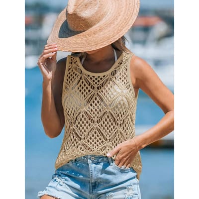 Dames Lichtgewicht Gehaakt Tanktop Mouwloos Ronde Hals Uitgesneden Strand Cover-up L kaki