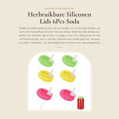 Dailygoods - Herbruikbare Siliconen Lids - 6Pcs Soda Lids - Voor Standaard Blikken - Groen, Geel, Roze - Met Rietjes - Ideaal voor Dranken - Geschikt...