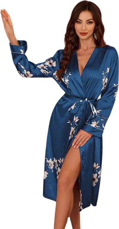 Livano Satijnen Badjas Dames - Kimono - Kamerjas - Satijn - Ochtendjas - Pyjama - Blauw - Maat XS