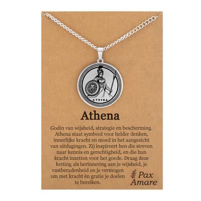 Griekse God Pallas Athena Ketting op Cadeau Kaartje - Zilverkleurige Mythologie Talisman - Roestvrij Staal - Athene - Pax Amare