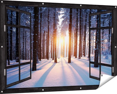 Gards Tuinposter Doorkijk Bos met Sneeuw tijdens de Zonsondergang - 150x100 cm - Tuindoek - Tuindecoratie - Wanddecoratie buiten - Tuinschilderij