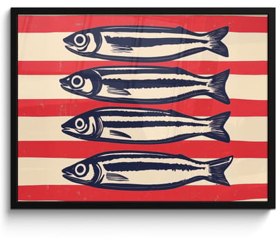 Poster in lijst - Fotolijst 80x60 cm - Posters - Sardines - Rood en beige strepen - Posterlijst zwart - Decoratie - Wanddecoratie woonkamer - Muurdecoratie slaapkamer