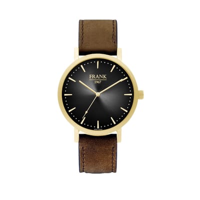 Frank 1967 7FW-0027 Metalen Horloge met Bruine Leren Band -Doorsnee 42 mm - Zwart/ Goudkleurig