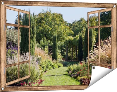 Gards Tuinposter Doorkijk Tuin - 90x60 cm - Tuindoek - Tuindecoratie - Wanddecoratie buiten - Tuinschilderij