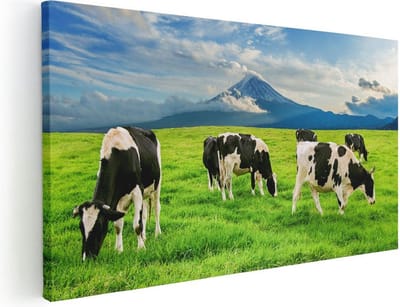 Artaza Canvas Schilderij Koeien - 40x20 cm - Klein - Wanddecoratie Weiland - Muurdecoratie Fuji - Schilderijen Natuur