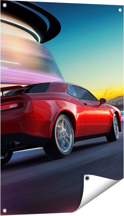 Gards Tuinposter Rode Sportwagen Auto in de Stad - 60x90 cm - Tuindoek - Tuindecoratie - Wanddecoratie buiten - Tuinschilderij