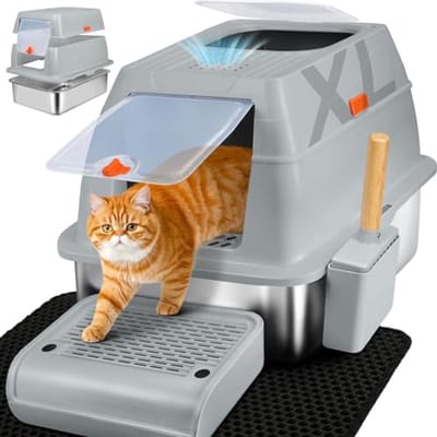 Kattenbak Met Deksel - Gesloten Kattenbak - Hygiënisch Houden - Roestvrij Staal - 60 x 40 x 39.5cm - Roze